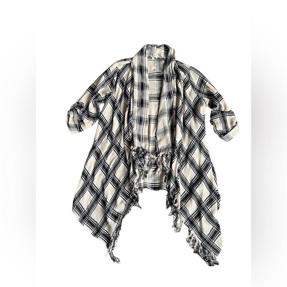 KORI America Tan and Black plaid high low Lagenlook Cardigan Small - Picture 3 of 9